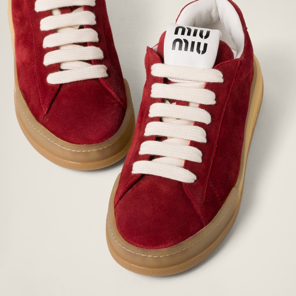 Miu Miu Red Suede Low-Top Sneakers with Gum Sole